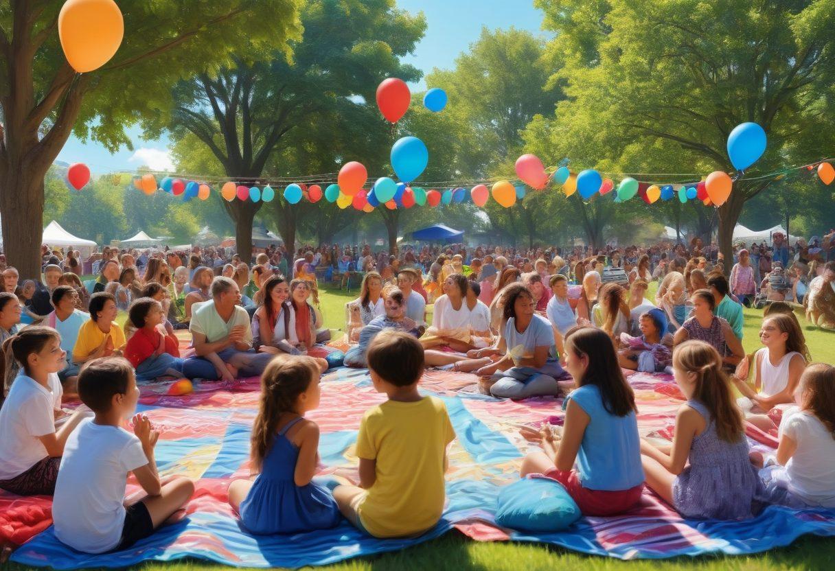 A vibrant community gathering, filled with diverse people joyfully celebrating together. Balloons and colorful decorations fill the scene, while smiles light up the faces of children and adults alike. The background features a park with greenery under a bright blue sky. Artfully arranged picnic blankets and happy interactions encapsulate the essence of community joy. vivid colors. super-realistic.