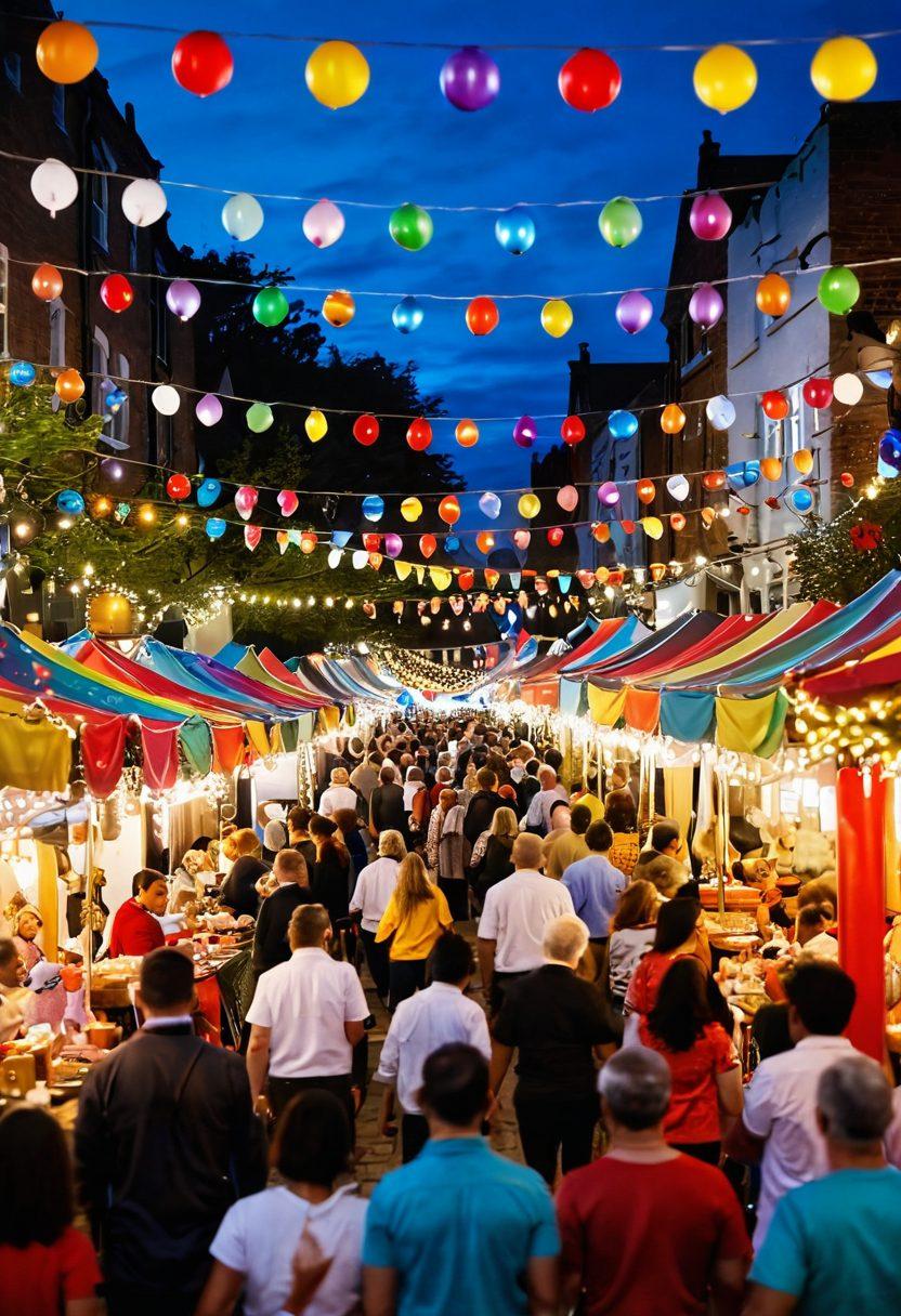 A vibrant street festival scene filled with colorful decorations, people of diverse backgrounds celebrating with joy, joyfully dancing, local artists performing, stalls selling handmade crafts, and children playing with balloons. Include twinkling fairy lights arching over the street and food vendors offering festive treats. The overall mood should be lively and inviting, capturing the essence of community spirit. super-realistic. vibrant colors.