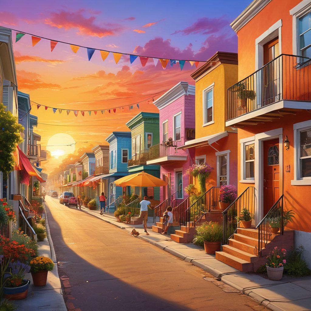 A vibrant street scene depicting a diverse neighborhood filled with cheerful people engaging in various joyous activities, colorful banners hanging between houses, children playing, artists painting murals, and a warm sunset background that radiates happiness. The atmosphere should feel inviting and lively, capturing the essence of community spirit and merriment. super-realistic. vibrant colors. warm tones.